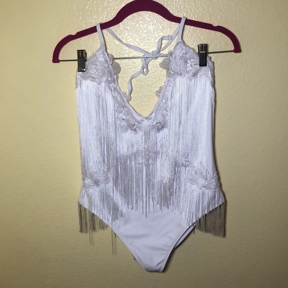 ASOS BRIDAL Fringe Applique Halter Plunge Swimsuit size 10 NWOT - Picture 3 of 9
